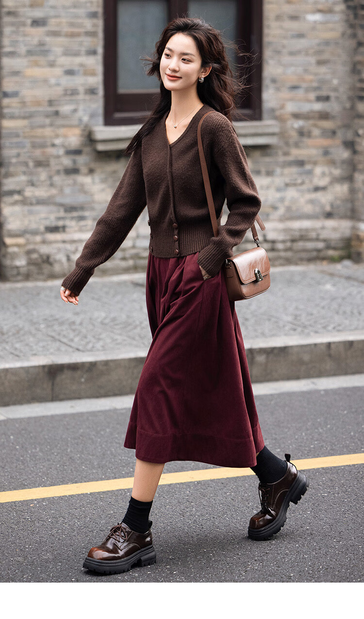 Dme [Crimson French-Style Midi Skirt], Waist-Symmetric Pleated Sharp Long Skirt, Crimson, M 10