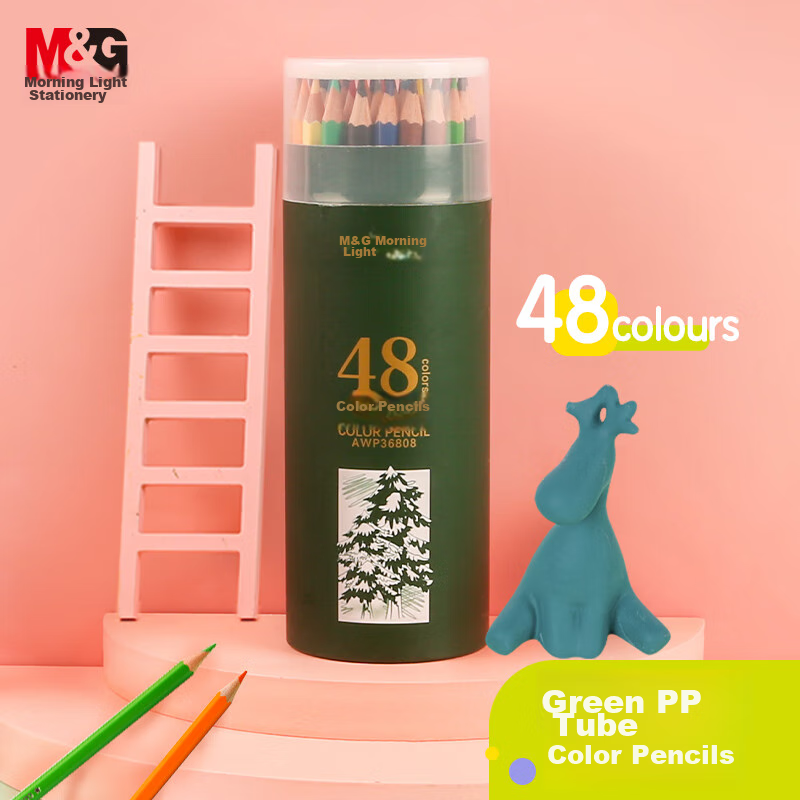 M&G 48-Color Oil-Based Colored Pencils for Students' Art Drawing, Coloring, Children's Painting, Hexagonal Barrel, Green Tube, Single Tube AWP36808