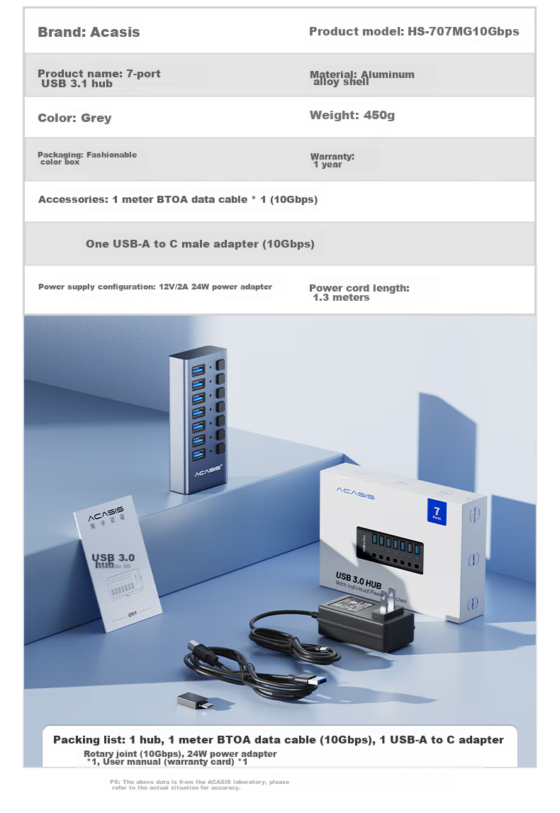 Acasis USB 3.1 Hub, 7-Port Expansion Dock, Independent Control Hub, Individual Switch Expansion Adapter, Compatible with Apple Mac Laptops, Expansion Dock HS-707MG 10Gbps 19