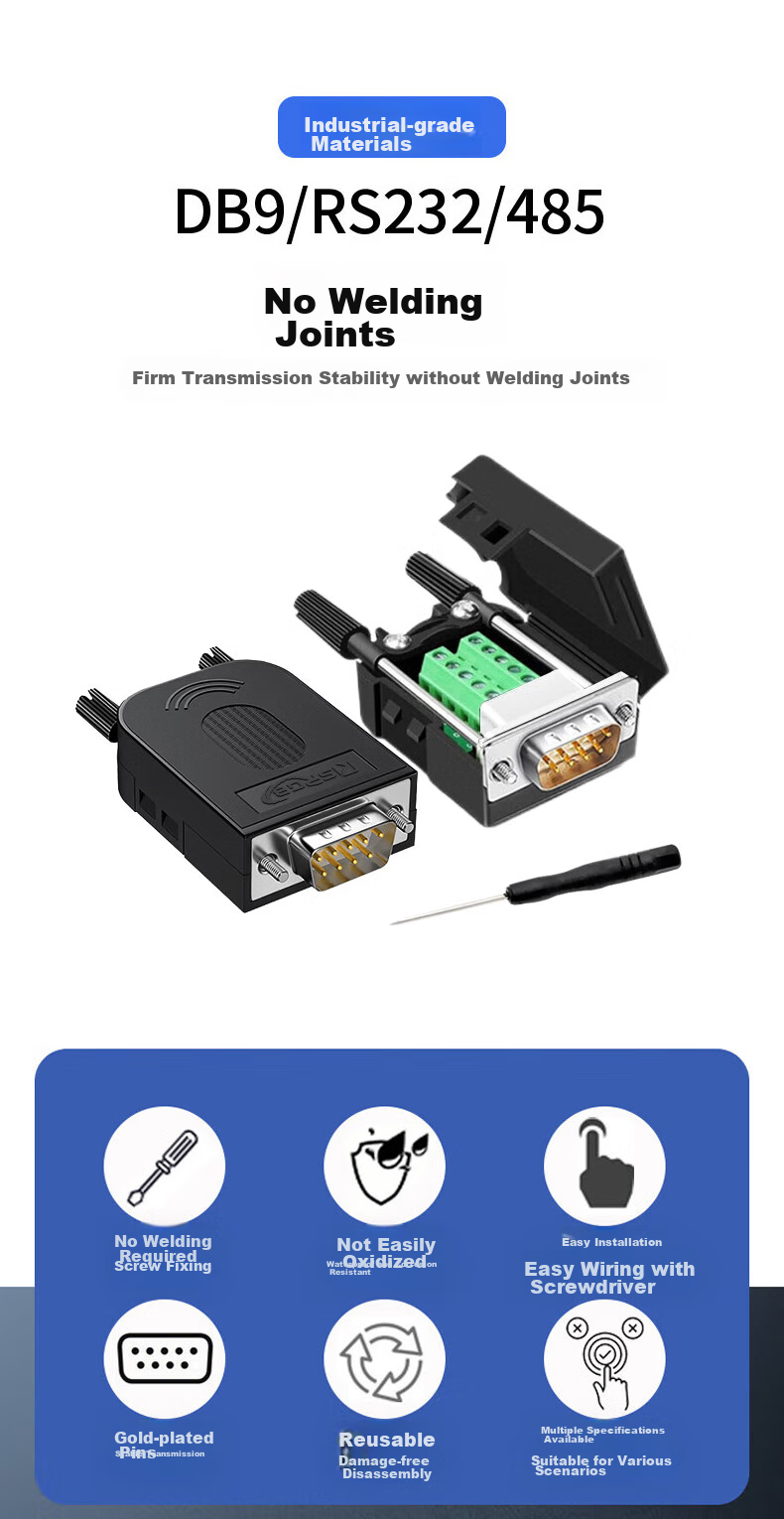 KSRGB DB9 Solderless Connector RS232/485/422 Serial Port Head Solderless 9-Pin Terminal COM Port Adapter (Screw Terminal, Male Connector, 1 Piece) KS-D 1