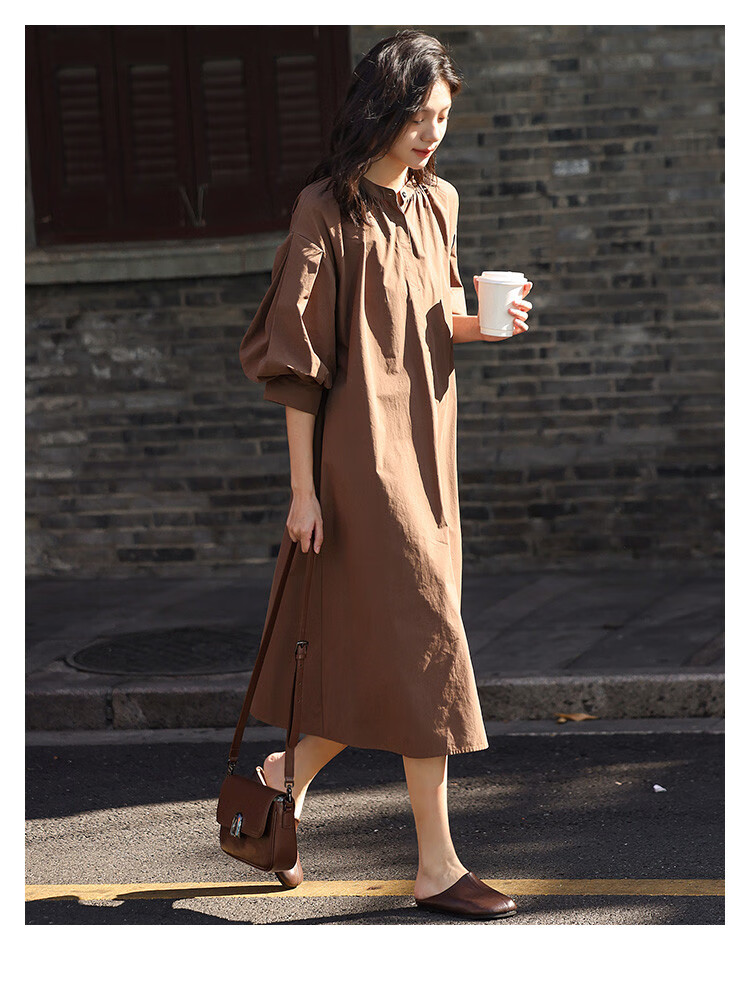 Dme [Pink Mid-Sleeve Dress], Summer Style, Soft Pink Round Neck, Puff Sleeves, Long Dress for Wome 5