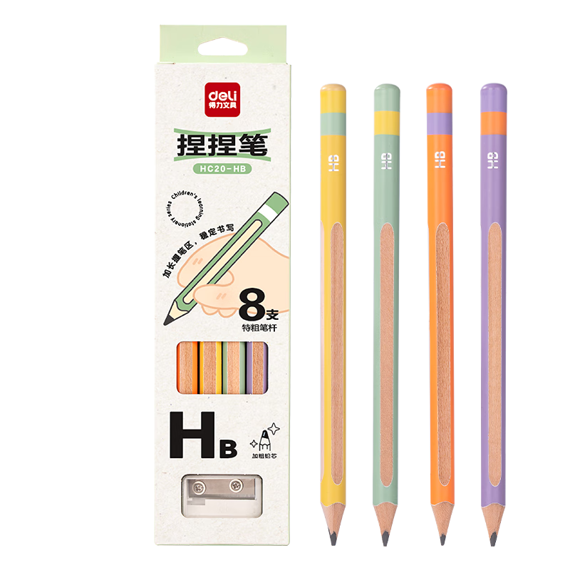 Deli 8-Pack Extra Thick Barrel Pencils with Eraser, HB (8 Pcs/box), Multi-Color Barrels for Drawing And Doodling, HC20-HB Student School Supplies