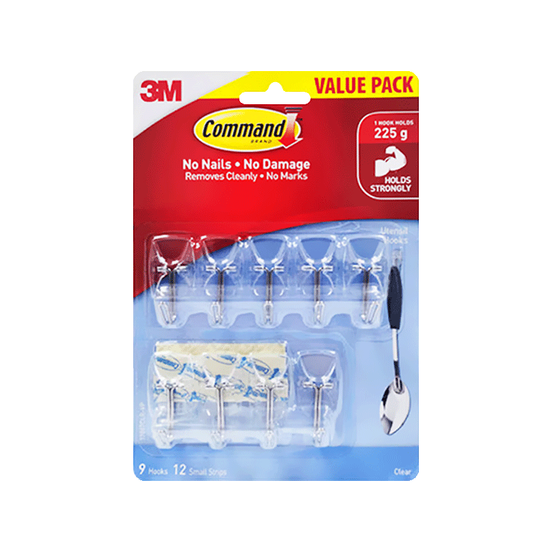 3M Transparent Hooks, 9 Pieces, No Drilling Required, Adhesive Hooks, Traceless, Nail-Free, Strong High-Man Hooks, Kitchen Storage, Atmosphere Decoratio