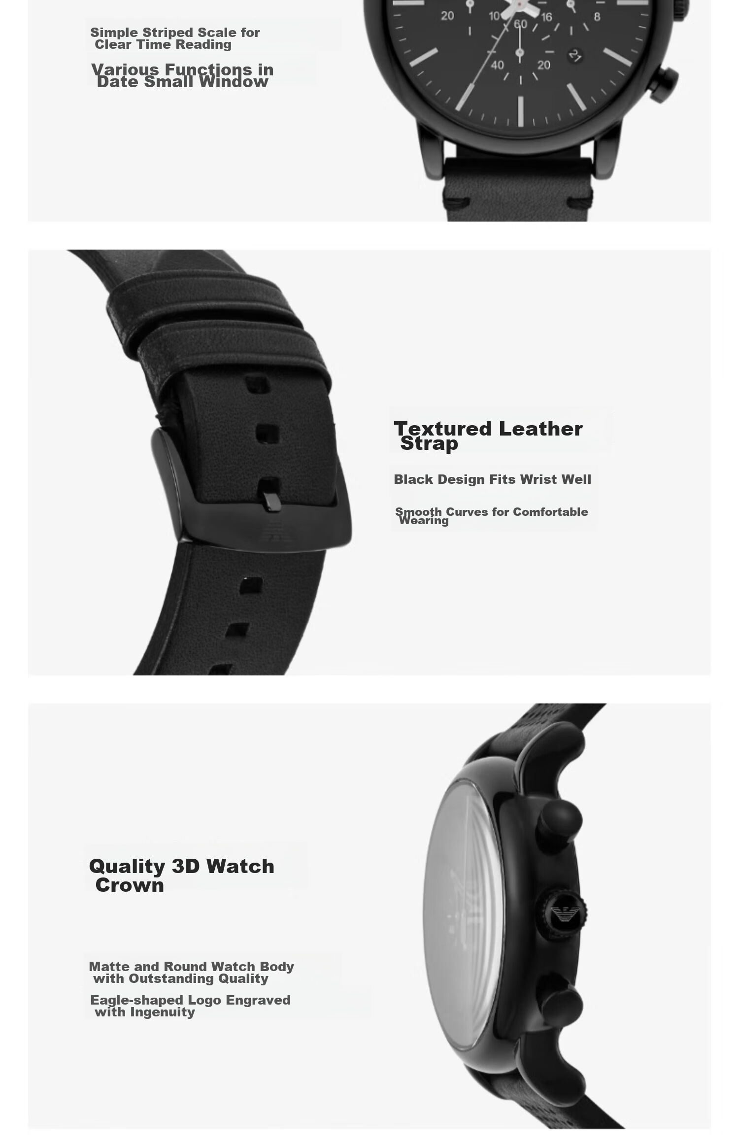 EMPORIO ARMANI Men's Black Knight Series Watch, Glossy Black Leather Strap Casual Quartz Watch Birthday Gift AR1918 7