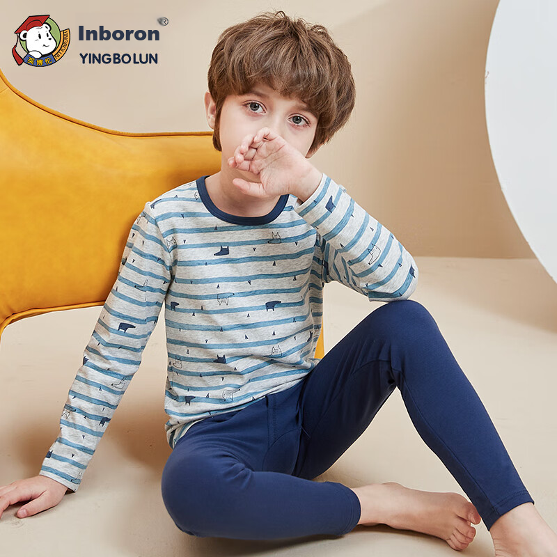 YING BO LUN Children's Thermal Underwear Autumn Wear Set, Lycra Thin Style School Uniform for Older Kids, 85507 Navy Blue Stripe, Size 130