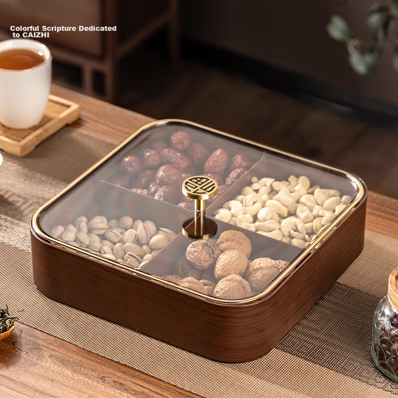 CAIZHI Dried Fruit Plate, Fruit Bowl, Living Room High-End Wood-Like Nut Snack Box, Candy Storage Container, 4-Compartment Fruit Plate CZ6867