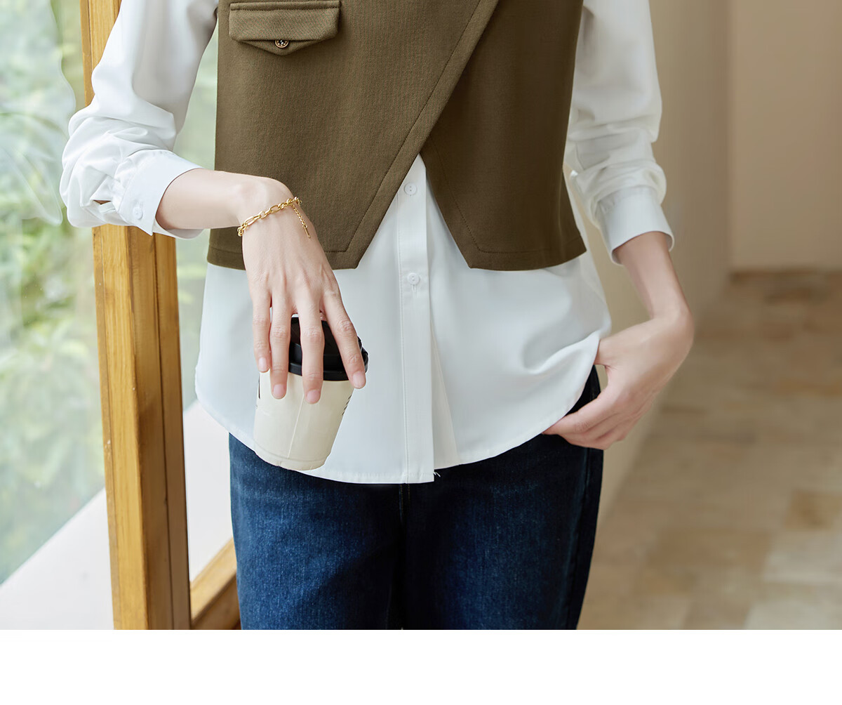 Chushen Women's Long-Sleeve Shirt with Contrasting Color Splicing Design, Fashionable Two-Piece Look for Work Commute S143C2026 3