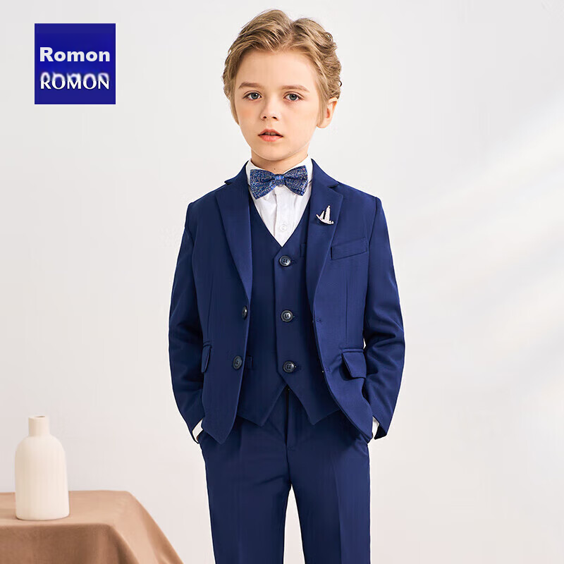Luomeng Children's Suit Set, Stylish Boy's Flower Boy Host Formal Wear, Boy's Piano Performance Outfit, Navy Blue, Size 170