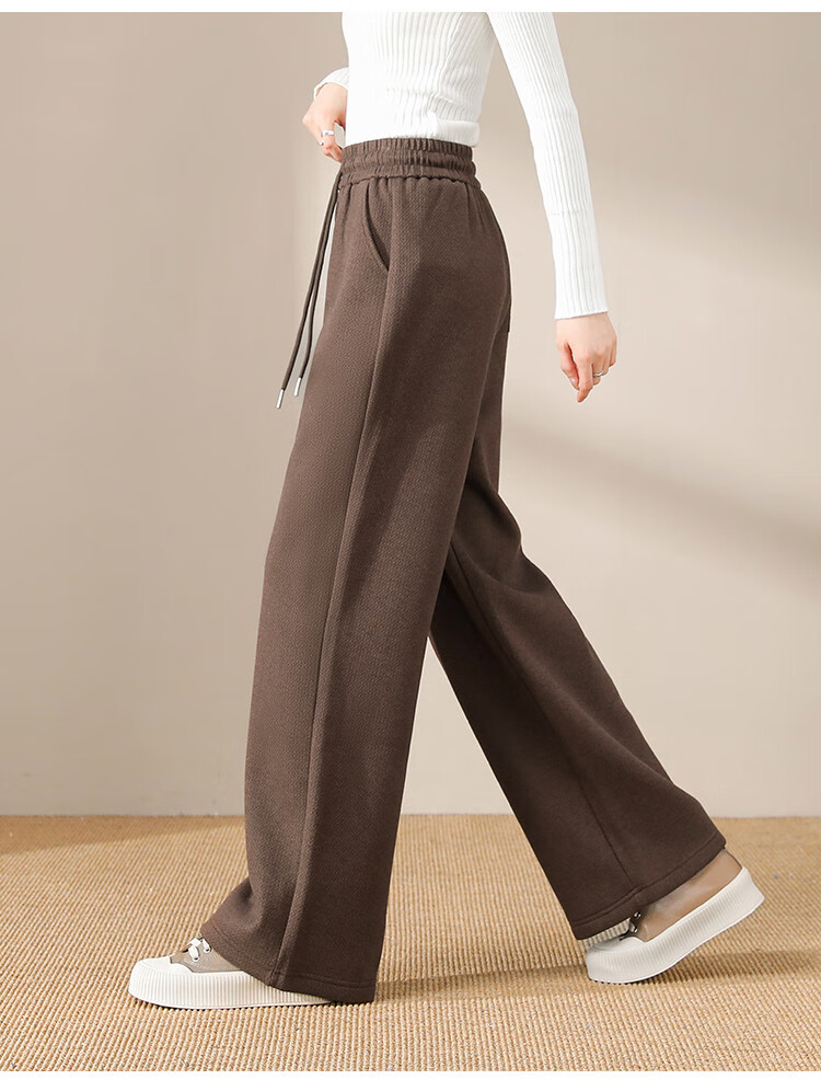 Dme Fleece-Lined Warm Maillard Style Autumn And Winter Simple Solid Color Versatile Straight-Leg Pants Women's Wide-Leg Trousers, Coffee Color, L 14