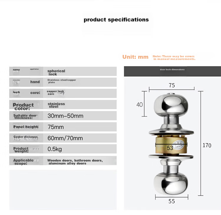 BLOSSOM Spherical Lock Stainless Steel Ball Lock Interior Door Lock Wooden Door Lock Bathroom Door Lock 5791 Silver 13
