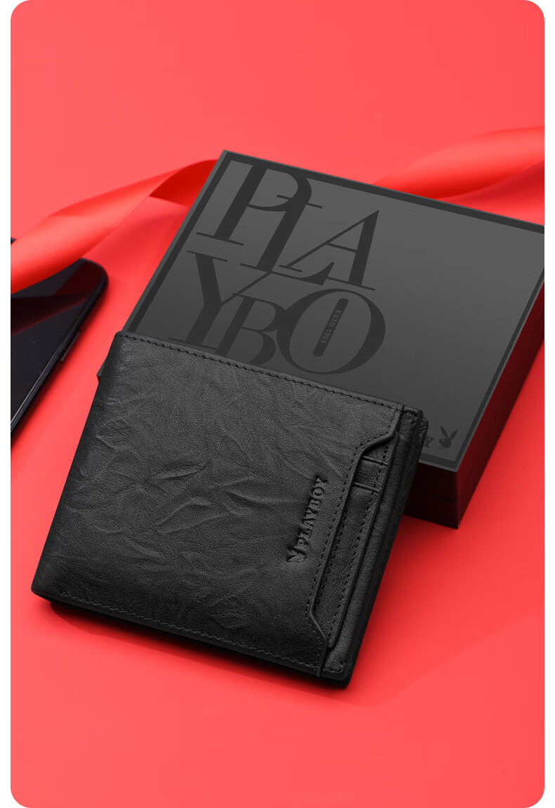 PLAYBOY Genuine Leather Men's Wallet First Layer Cowhide Card Holder Gift Box for Boyfriend Husband Father Birthday 13