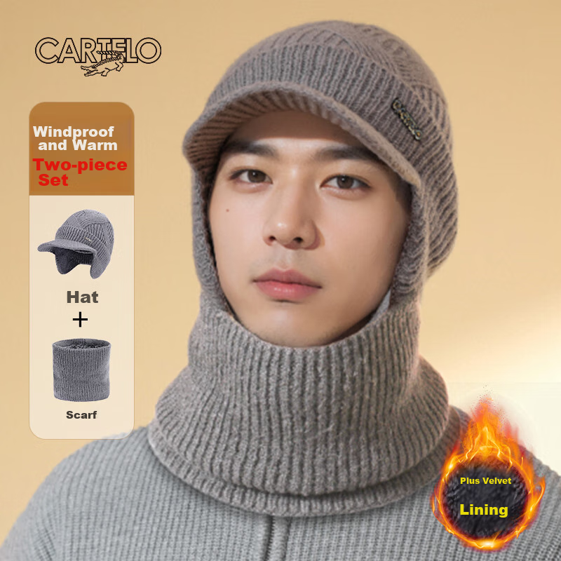 CARTELO Men's Hat, Autumn And Winter Warm Knitted Cap, Fleece-Lined Thickened Cycling Cold-Proof Knitted Hat And Neck Gaiter Two-Piece Set