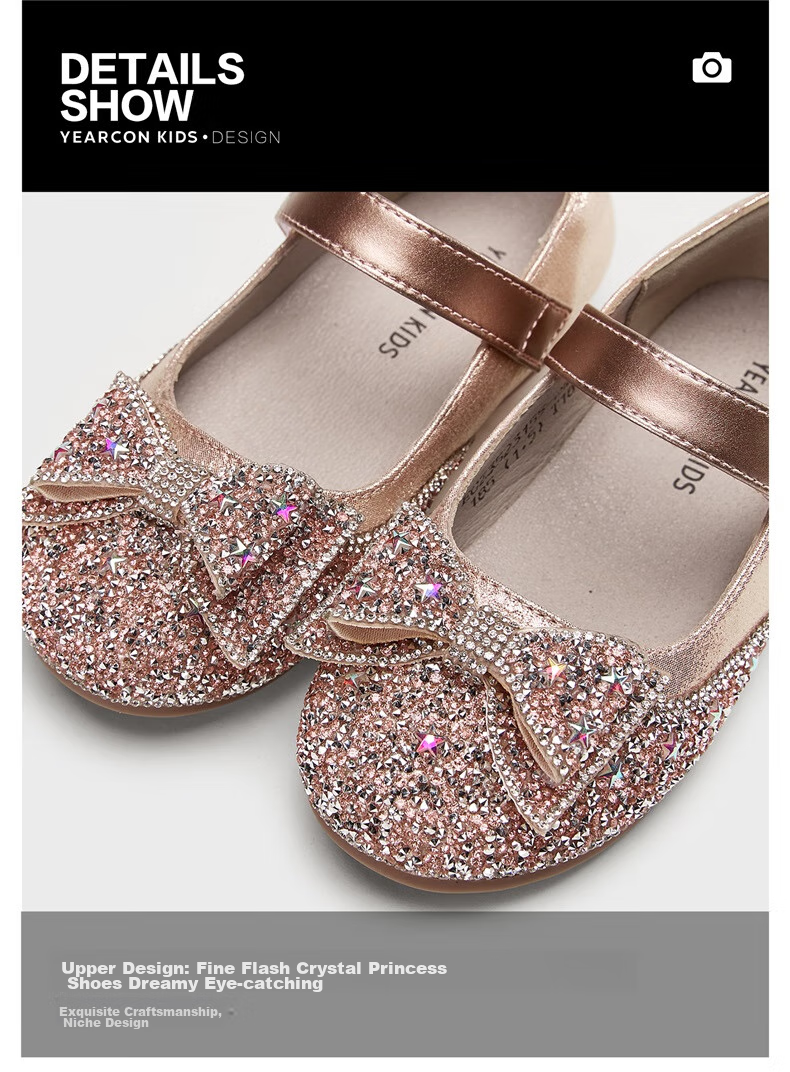 Yierkang Girls' Leather Shoes, Back-To Essential, Elsa Princess Shoes, Children's Crystal Shoes, Performance Shoes for Older Kids, Soft-Soled Shoes, Pink, Size 36 2