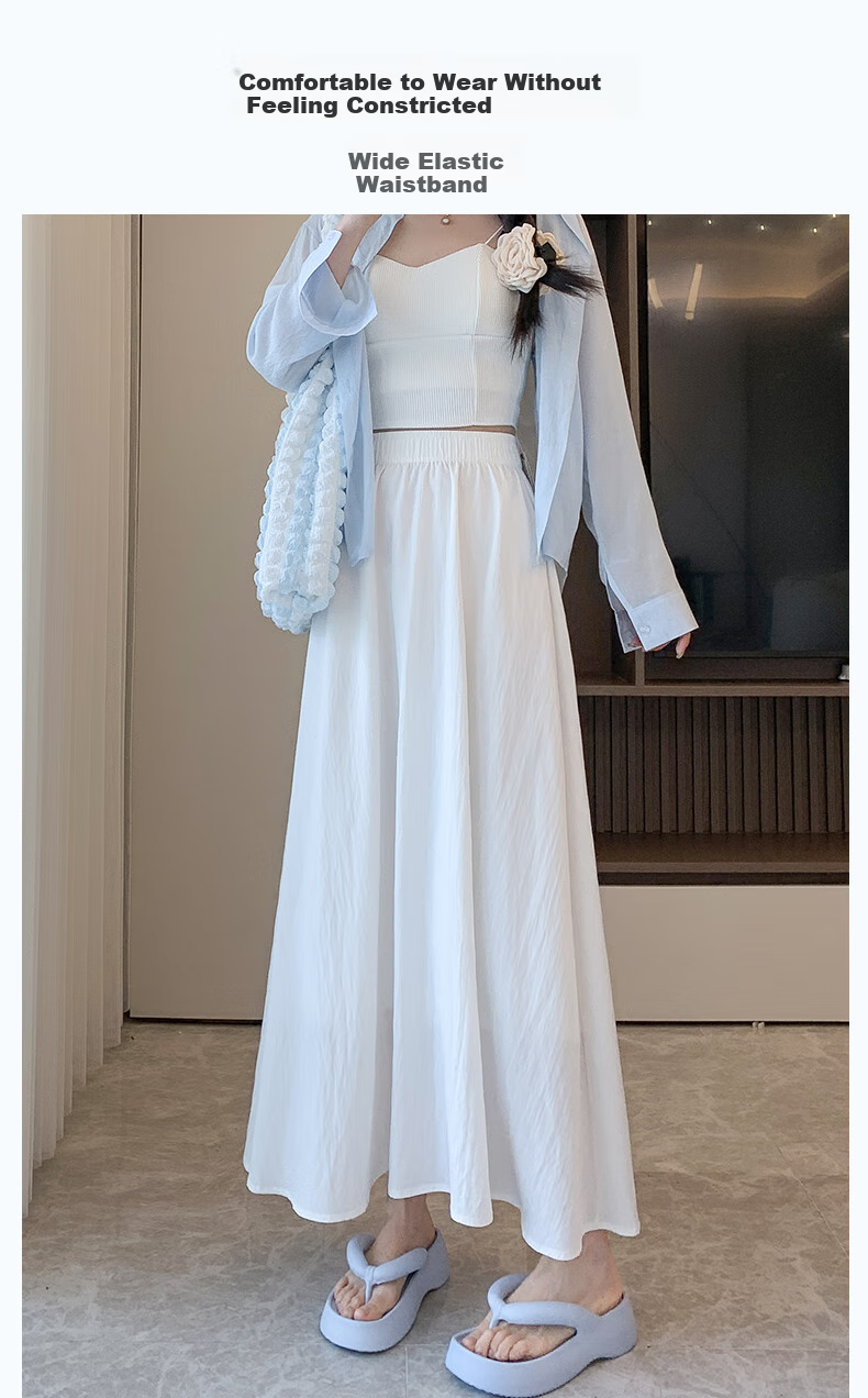 Langsha Women's Summer High-Waist Draped A-Line Skirt Loose Comfortable Elastic Waist Casual Slimming Skirt 9