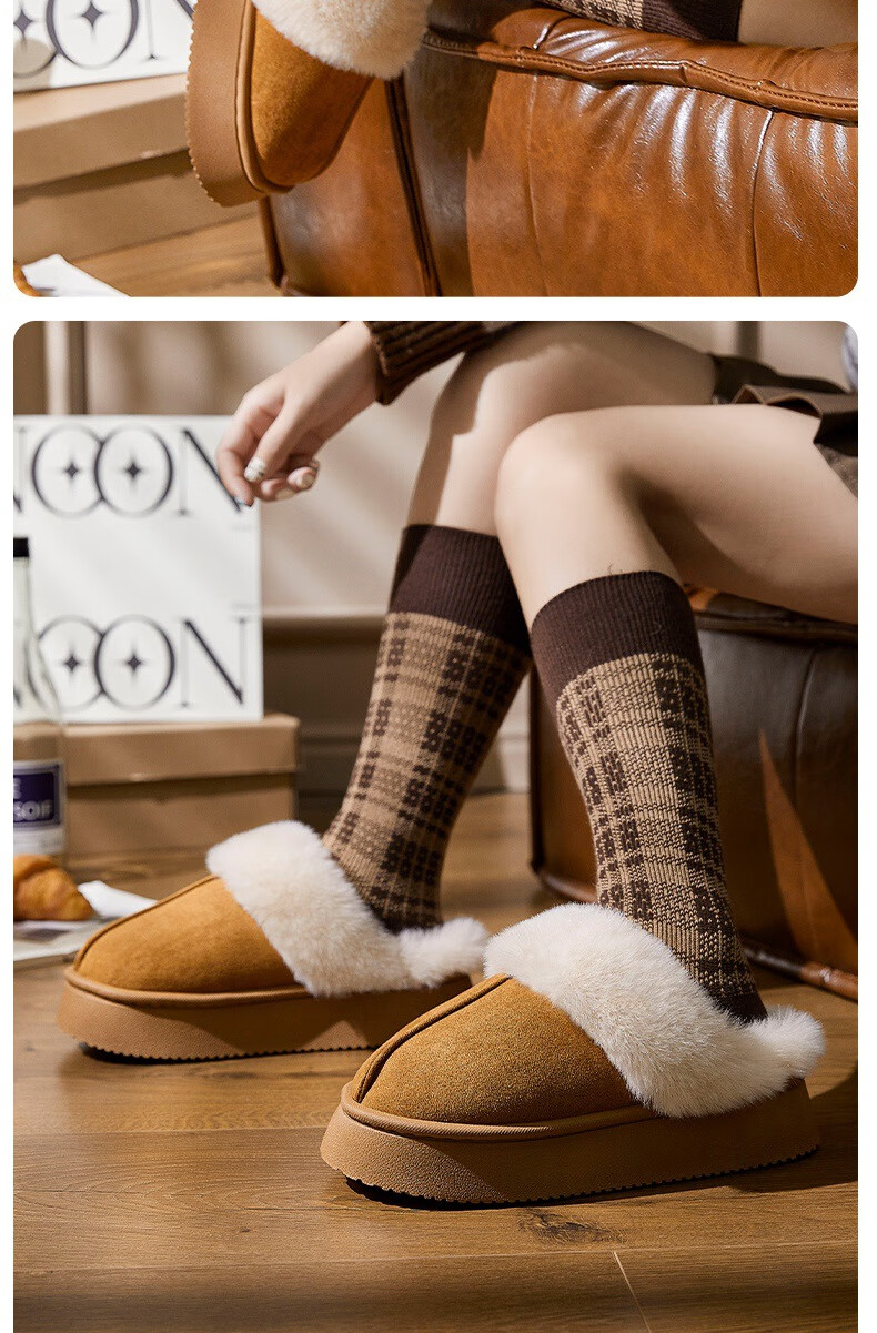 GUOLUOFEI Leather And Fur Integrated Thick Cotton Slippers for Men And Women, Home And Outdoor Wear, Furry Fleece-Lined Warm Couple Style, Gray, Size 42-43 13