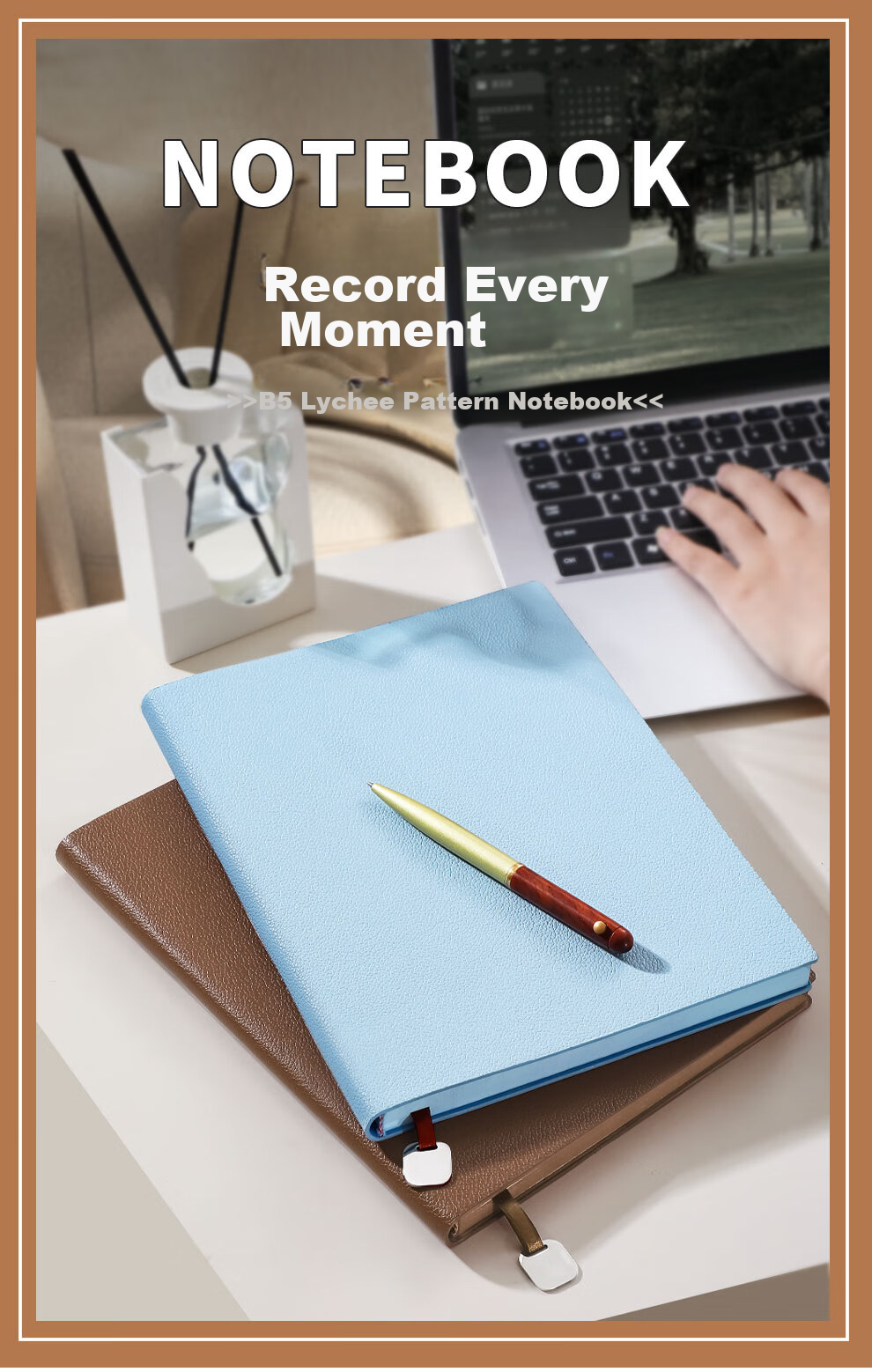 Faramon Thick B5 Large Notebook, Skin-Like Litchi Pattern Soft Leather Cover, Business Simple Office Meeting Journal, College Student Research Study Horizontal Line Recording Diary, Customizable, Brow 1