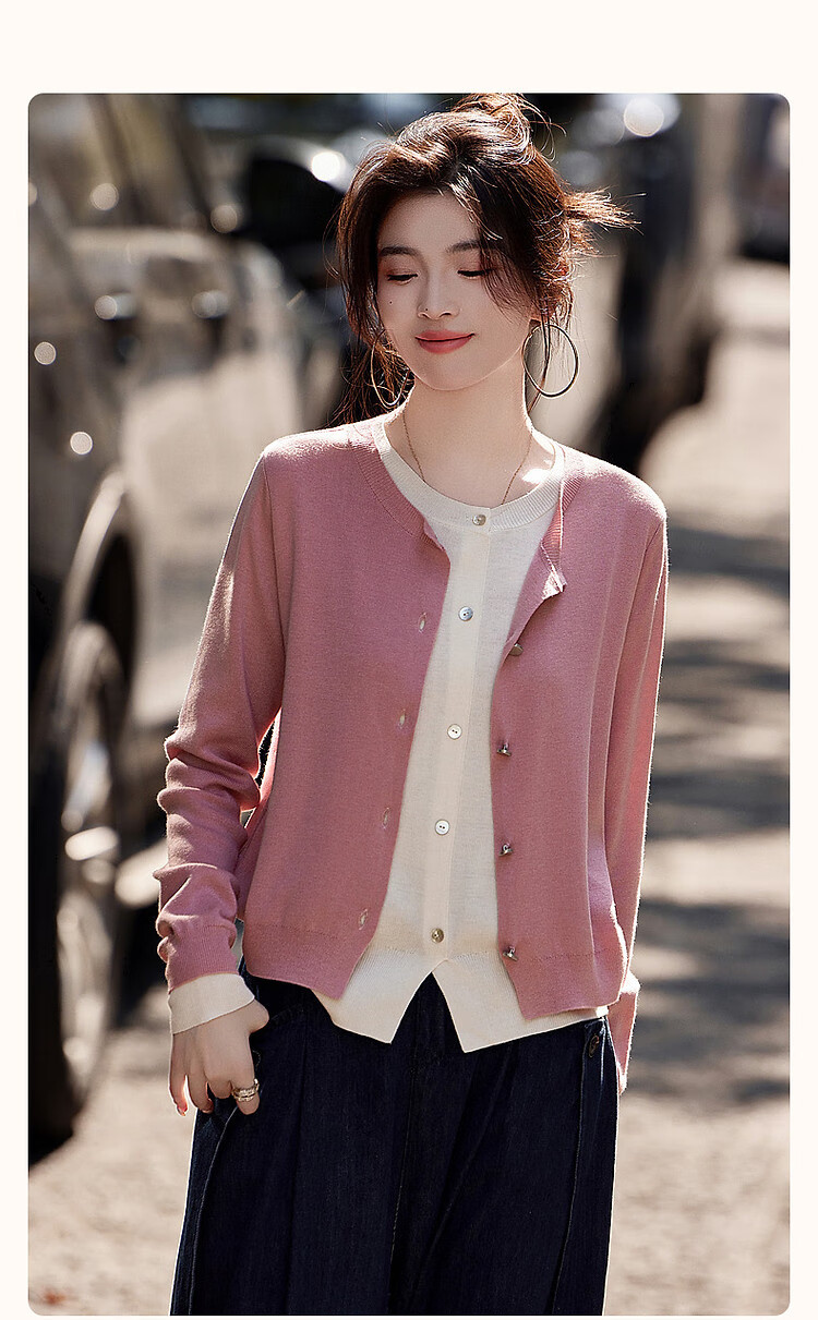 Dme [Jingshu Lingxiang Yichuang] Spring And Autumn Design-Inspired Faux Two-Piece Contrasting Color Sweater with Decorative Button Knit Top for Wome 2