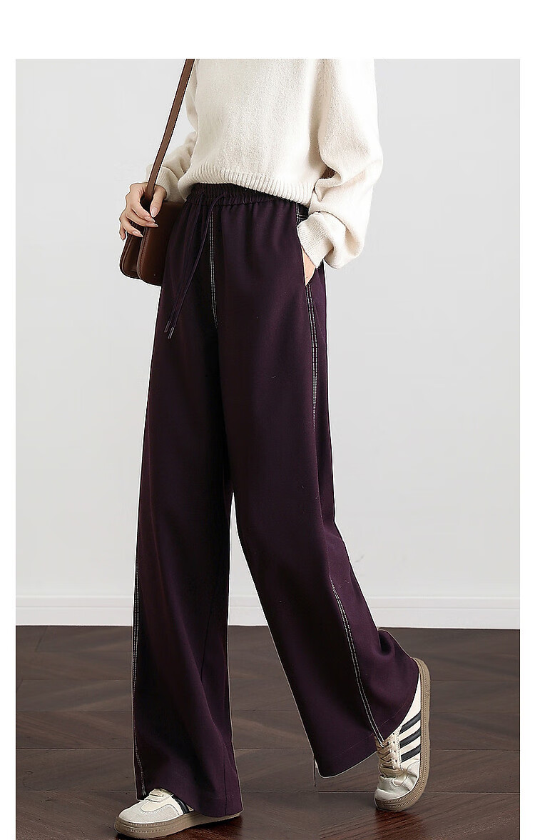 Dme Lazy Stylish Winter Thick Smooth Slanted Pattern Long Pants with Elastic Waist for Slimming Women's Casual Trousers, Purple, L 17