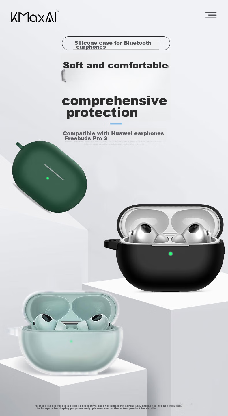 KMaxAI Protective Case for Huawei Freebuds Pro 4/3 Earphones with Hook, Silicone Soft Shell with Charging Case, Matte Finish, Simple Solid Color Design, Black 1