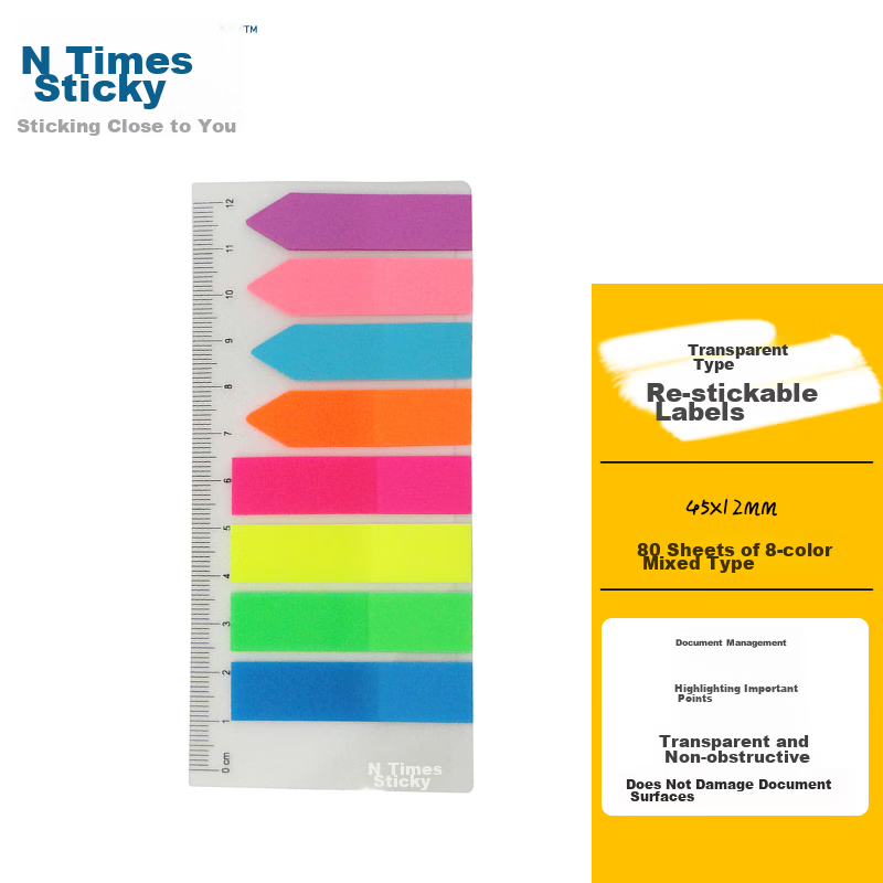 STICKN 80 Sheets Combination 8-Color Fluorescent Film Indicator Labels, 45*12mm Classification Index Sticky Notes Memo Pads 34034