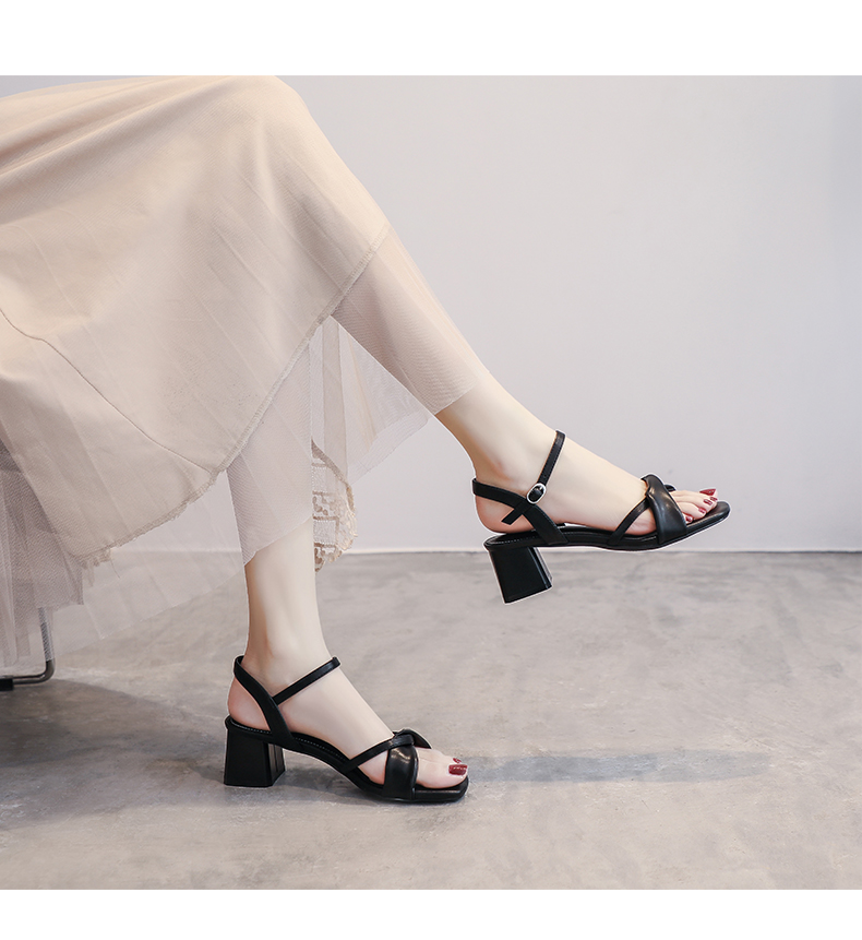 ZHR Women's Sandals, Retro Square Toe, Irregular Cross Strap, Elegant Heightening Slimming Chunky Heel, Commuter Style for Summer, Y516 Black (Classic Style), Size 37 15
