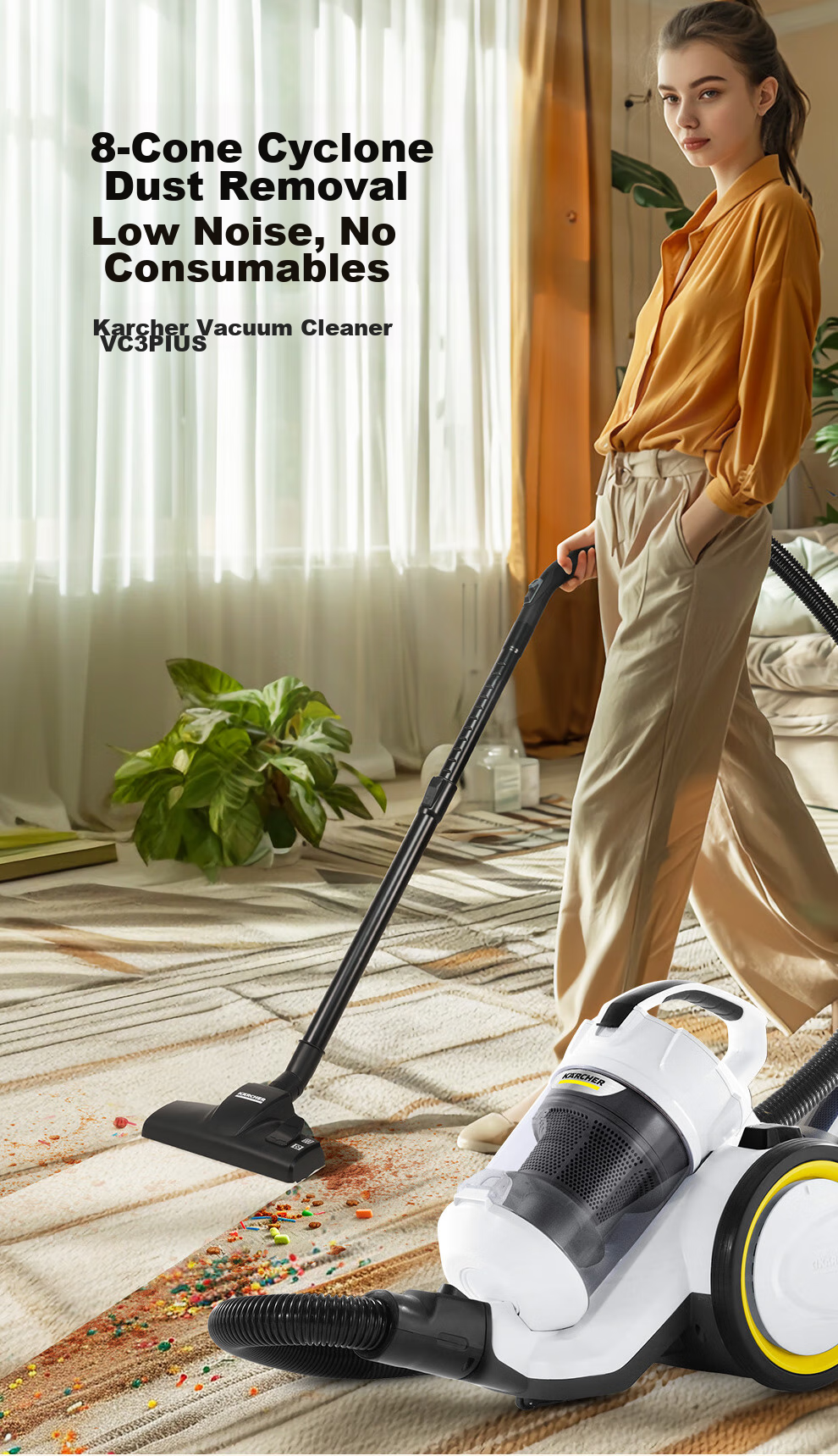 KARCHER German High-Suction Horizontal Corded Vacuum Cleaner for Home Use, Carpet Cleaning, Pet Hair, Large Area Coverage, Dust Mite Removal VC3 Plus 4