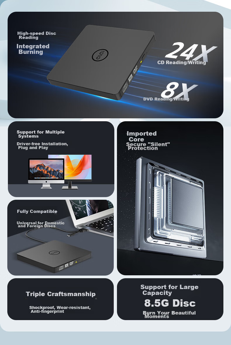 Elei USB External Optical Drive, Type-C External DVD Burner, Portable Optical Drive, CD/DVD External Drive, Compatible with Laptops And Desktop Computers 2