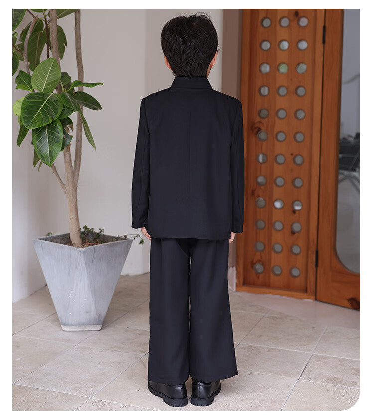 LUOBOBEIBEI Boys' New Chinese-Style Formal Wear, Winter Fleece-Lined Jacket, Children's National Style Suit Tang Costume, Black Three-Piece Set, Size 140 9