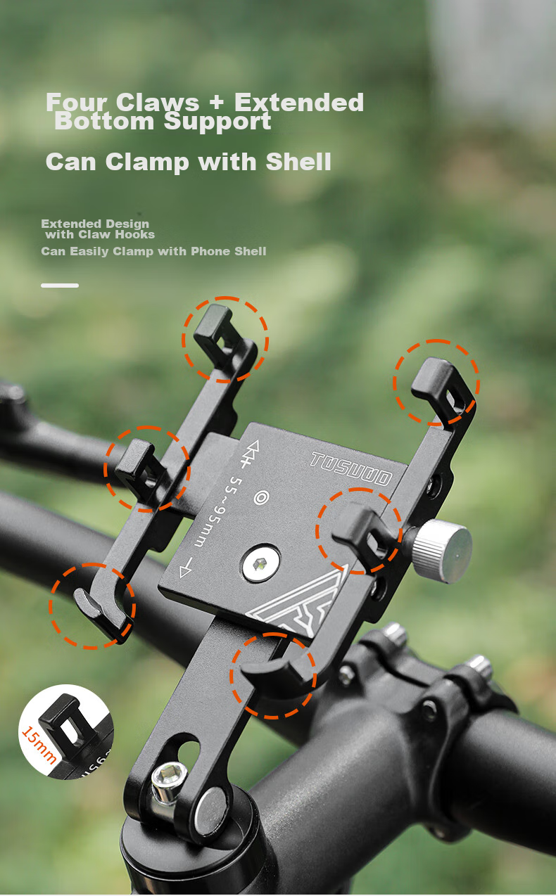 Tasiduizhang Bicycle Aluminum Alloy Phone Mount Navigation Bracket for Video Recording, Mountain And Road Bike, Black - Enlarged And Widened 9