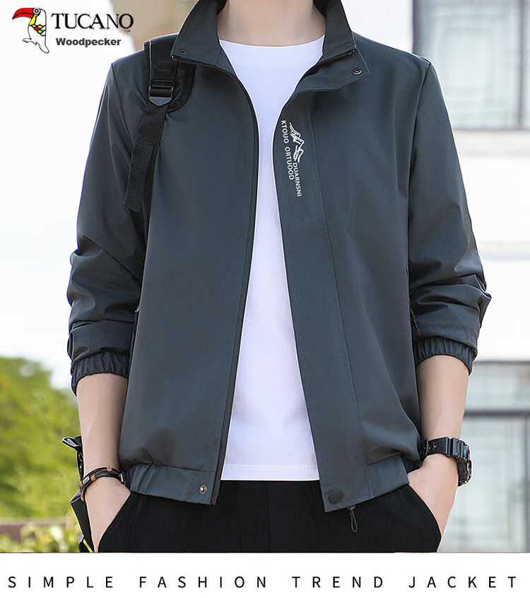 TUCANO Jacket for Men, Spring And Autumn Loose Fit Stand Collar Versatile Casual Coat Trendy Comfortable Outerwear Men's Clothing, Black, 3XL 16