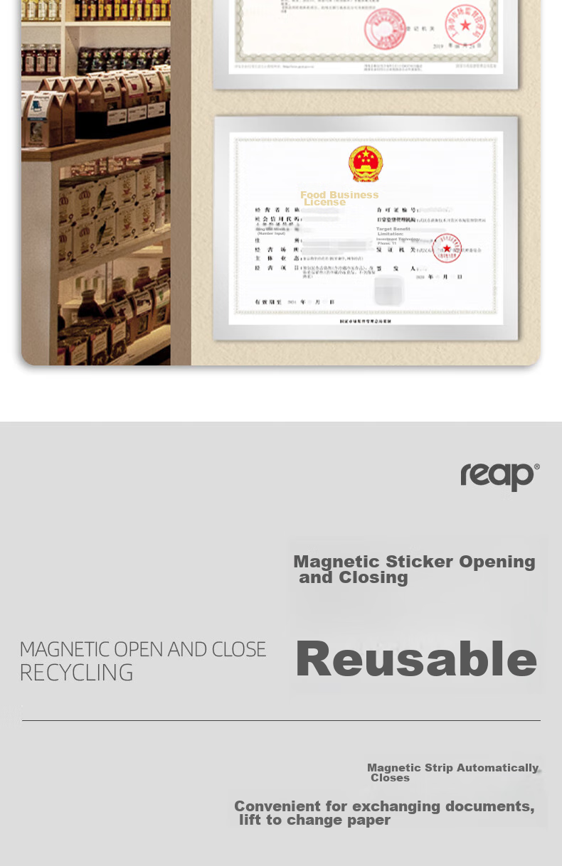 Reap A4 Business License Protective Cover Magnetic Protective Sticker Individual Business Food Hygiene Permit Frame Transparent Waterproof Soft Card Holder, Silver, 9112 5