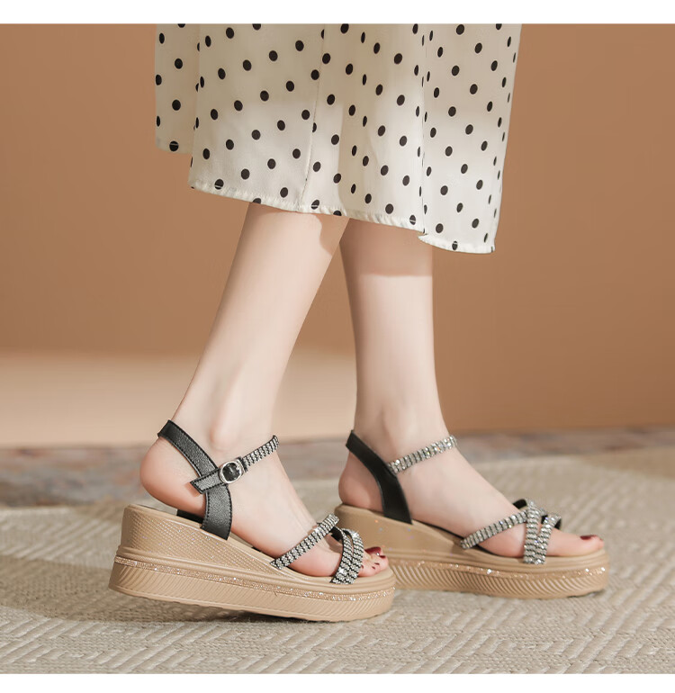 ZHR Women's Shoes, Summer Wedge Versatile Sandals, Fashionable Rhinestone Platform Slimming Beach Shoes for Women, AY161, Apricot Color, Size 35 34