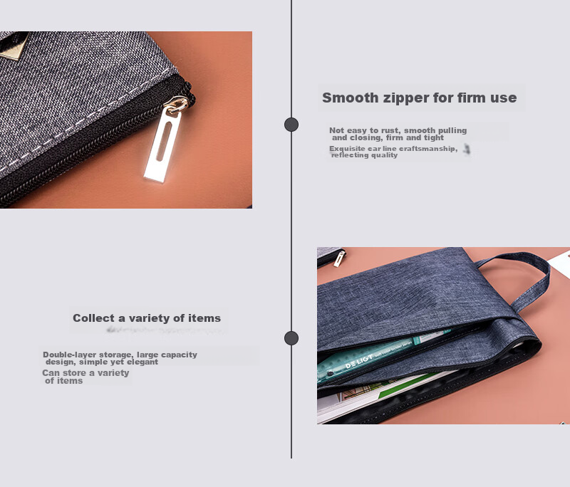 Bailiwen F5656 Gray Double-Layer Handbag with Zipper, A4 Storage Bag, Book Carrier, Tutoring Bag, Document Bag, File Bag, Book Bag with Handle 6