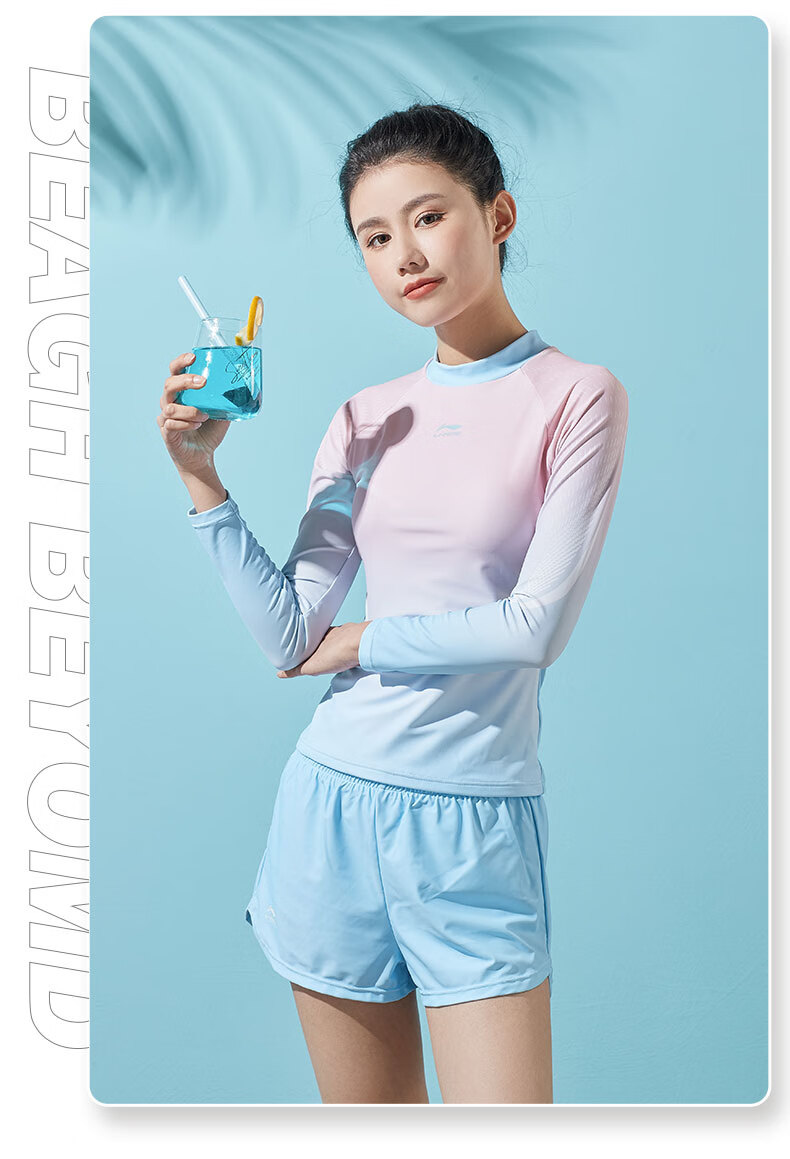 Li-Ning Women's Swimsuit, Sports Casual Two-Piece Swimwear, Fashionable Color-Block Long-Sleeve Hot Spring Resort Swimwear, 072 Blue Pink, 3XL 11
