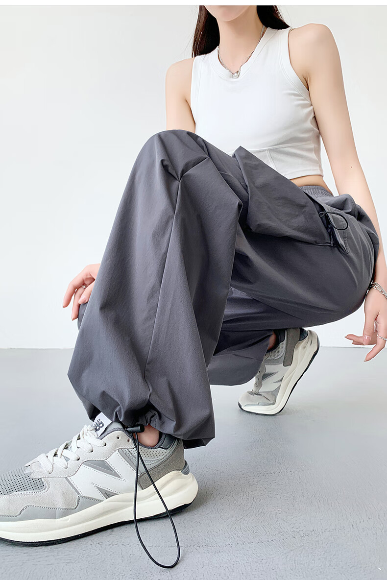 LangSha American-Style Parachute Cargo Pants for Women, Summer Ice Silk High-Waist Wide-Leg Loose Casual Quick-Dry Outdoor Sports Pants 48