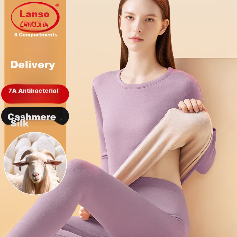 LangSha Women's Thermal Underwear, New Autumn And Winter 2026 Collection, Cashmere And Silk Blend, 7A Antibacterial Round Neck, Warm Base Layer Top And Bottom Set