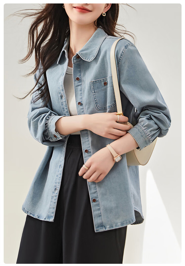 Dme [Vintage Denim Shirt] Spring And Autumn Simple Style Jacket for Women, Loose Long-Sleeve Commuter Shirt, Light Water Blue, M 24