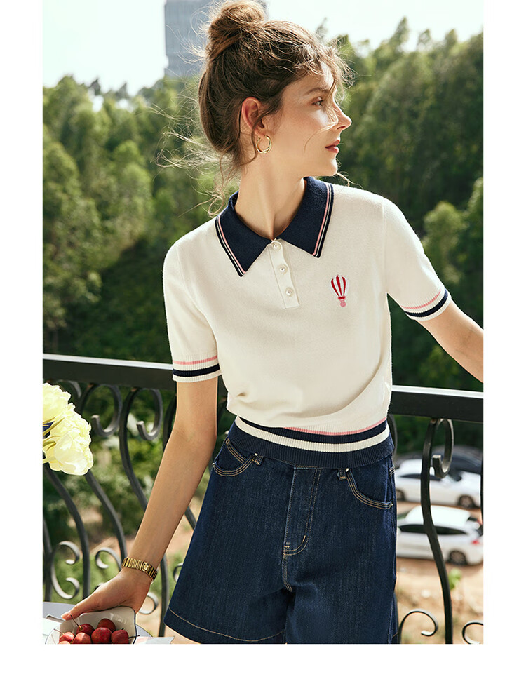 Olrain French Polo Collar Short-Sleeve Knit Top, Summer Women's Loose-Fit Academic Style Blouse, Off-White, XL 15