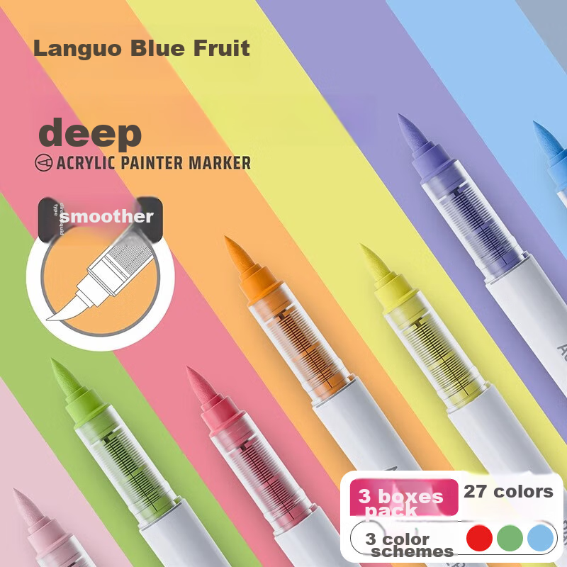 Languo Markers, Watercolor Pens, 27 Colors, Acrylic Direct Liquid Soft Tip, Children's Drawing, Student Stationery, Marking Art Supplies, Stackable Colors, Vibrant Warm + Natural Forest + Sea Salt Blue, 3 Boxes