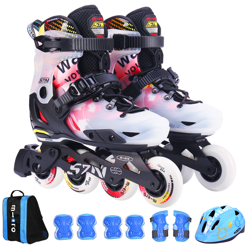 Micro Ice Skates for Children, Boys And Girls, Micro Straight-Arrangement Roller Skates Suitable for Primary And Secondary School Students, S7N Black Set Size S