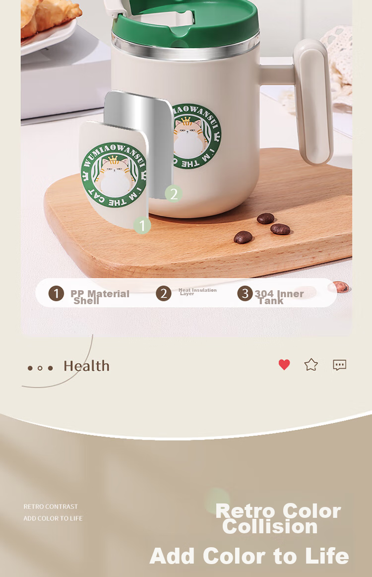 BJ 304 Stainless Steel Mug, Dormitory Room Children's Water Cup, Double-Layer Anti-Scalding Insulated Coffee Cup, Small Cat Desig 5