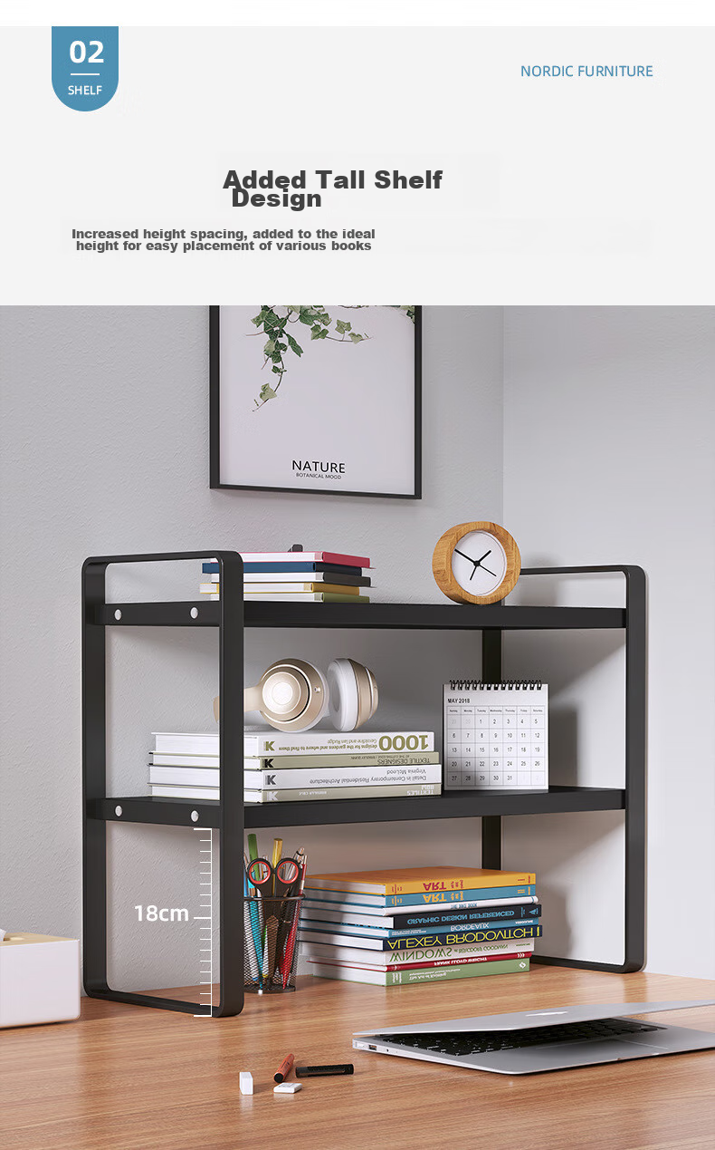 Anerya Desktop Bookshelf, Multi-Layer Iron Art Storage Rack for Books, Double-Layer Nordic Maple Wood - White Frame 40cm Long 8