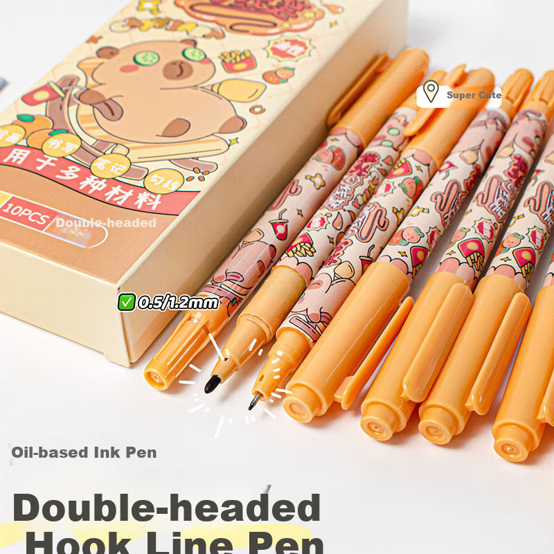 Shaonianban Dual-Tip Marker Pen, Black Oil-Based Pen, Art-Specific Quick-Drying Pen, Double-Ended Marking Pen, Youzai Kapi, 10 Pcs/1 Box, 3213 3