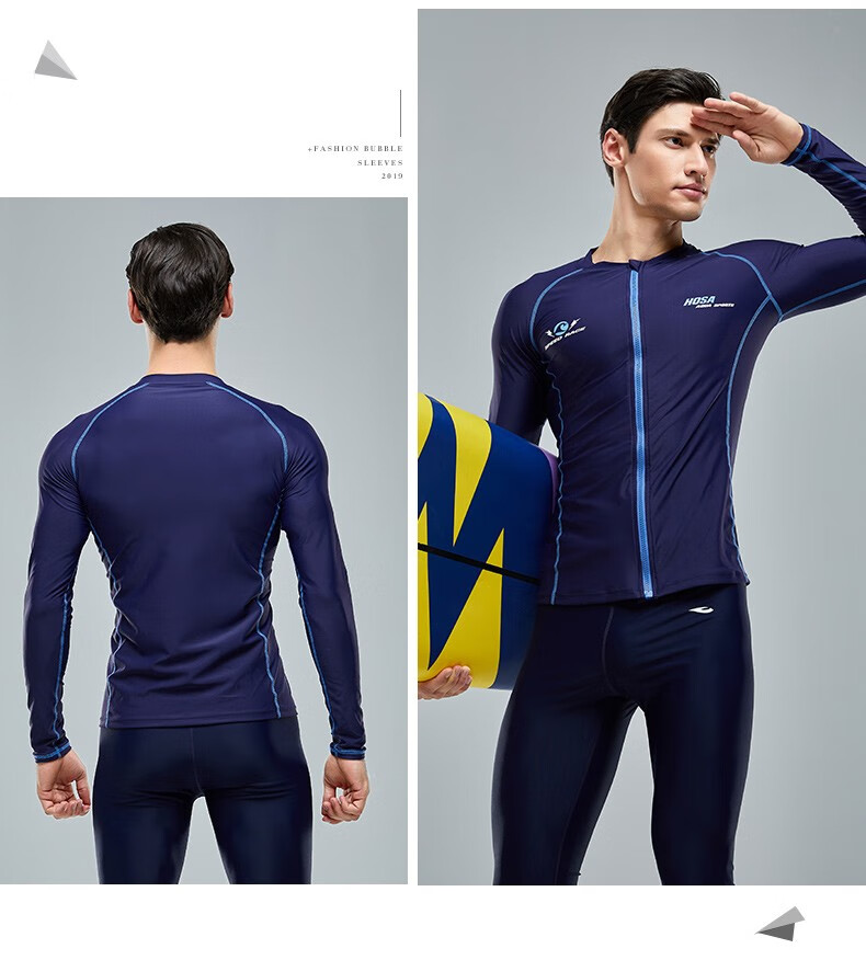 Hosa Men's Long-Sleeve Swimsuit Beach Swimwear Vacation Diving Surfing Suit Black Top M 12