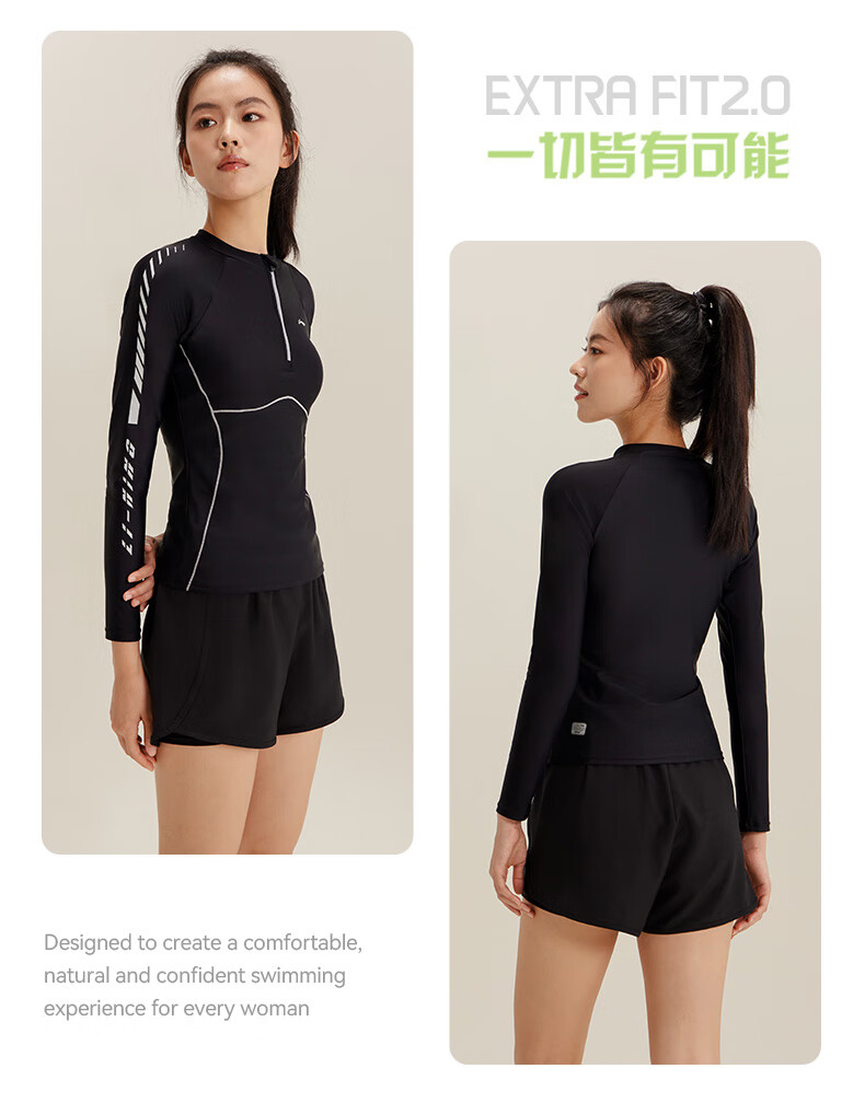 Li-Ning Hot Spring Swimming Suit for Women, Long-Sleeve Sun Protection Professional Swimsuit, Two-Piece Beach Diving Surfing Suit, 0022 Black XL 6