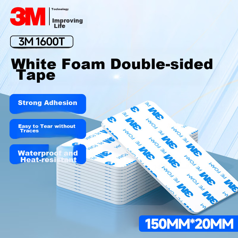 3M Heavy-Duty Foam Double-Sided Tape, High Adhesion Sponge Adhesive, Traceless And No-Residue, No Drilling Required, 1600T150MM*20MM (10 Pieces), White