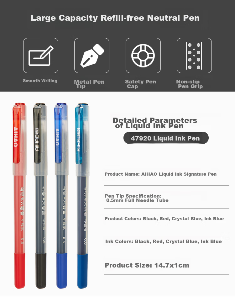 AIHAO Signature Pen, 0.5MM Full Needle Tube Gel Pen, Super Writing Capacity, Black Ink, Integrated Posture-Correcting Pen, Office Supplies, 12 Pieces, 47920 2
