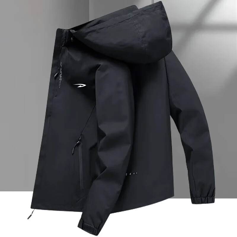 DEERWAY Men's Windbreaker Jacket for Spring And Autumn, Outdoor Hooded Sportswear, Casual Loose-Fitting Menswear, Black, 3XL 4