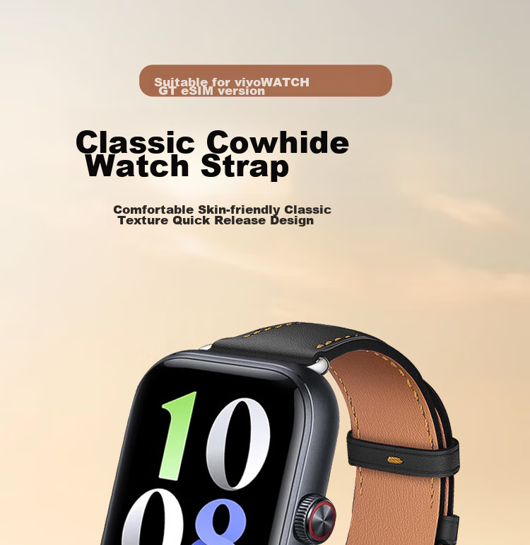 ESCASE Compatible with Vivo/iQOO WATCH GT Watch Strap, Genuine Leather Replacement Wristband, Classic Cowhide Smartwatch Band, Black 1