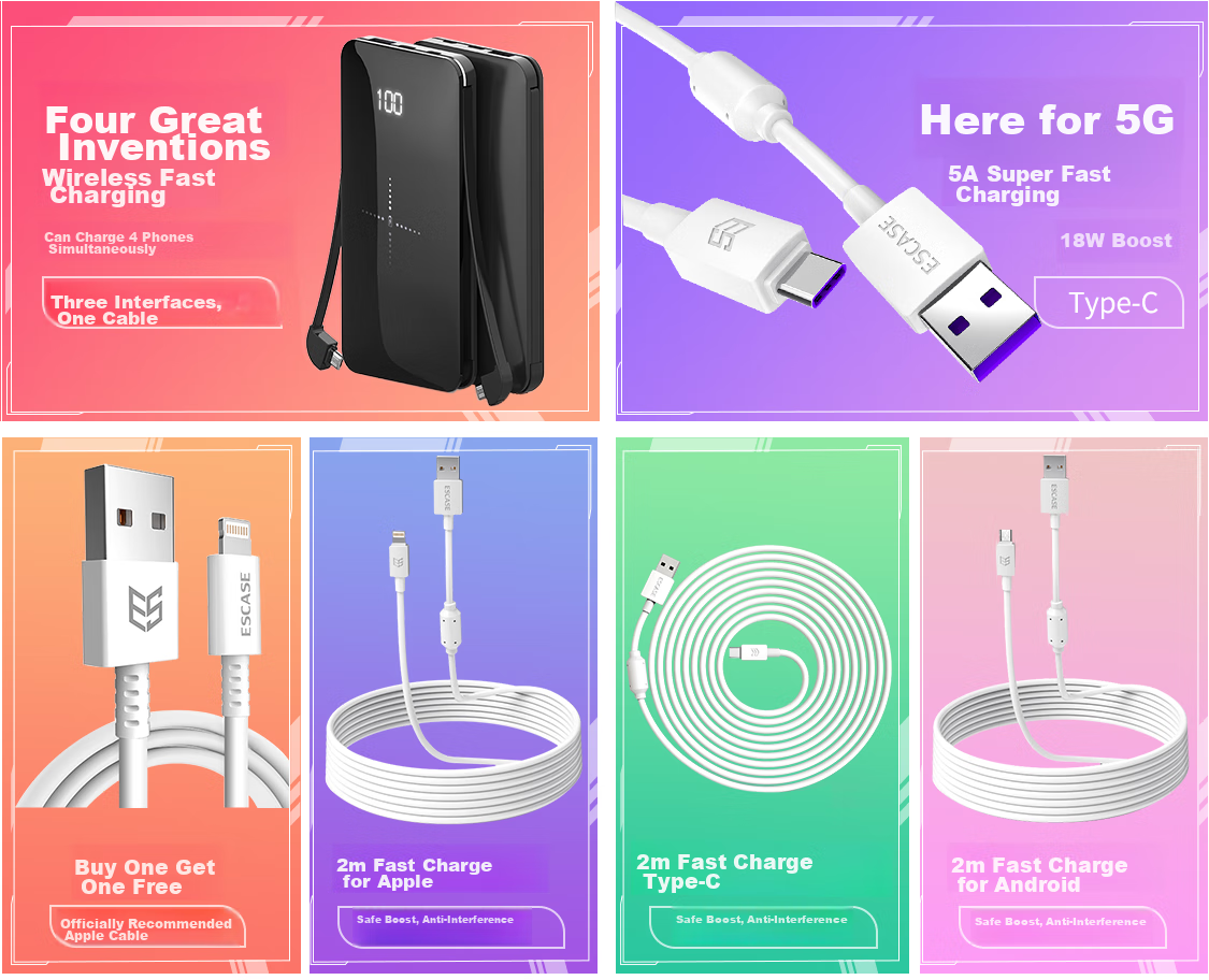 ESCASE Data Cable Three-In Type-C Apple 13 Android Phone Car Charger Cable, Fast Charging Compatible with Xiaomi, Multi-Functional Storage, 1.5 Meters, C12pro Black 2